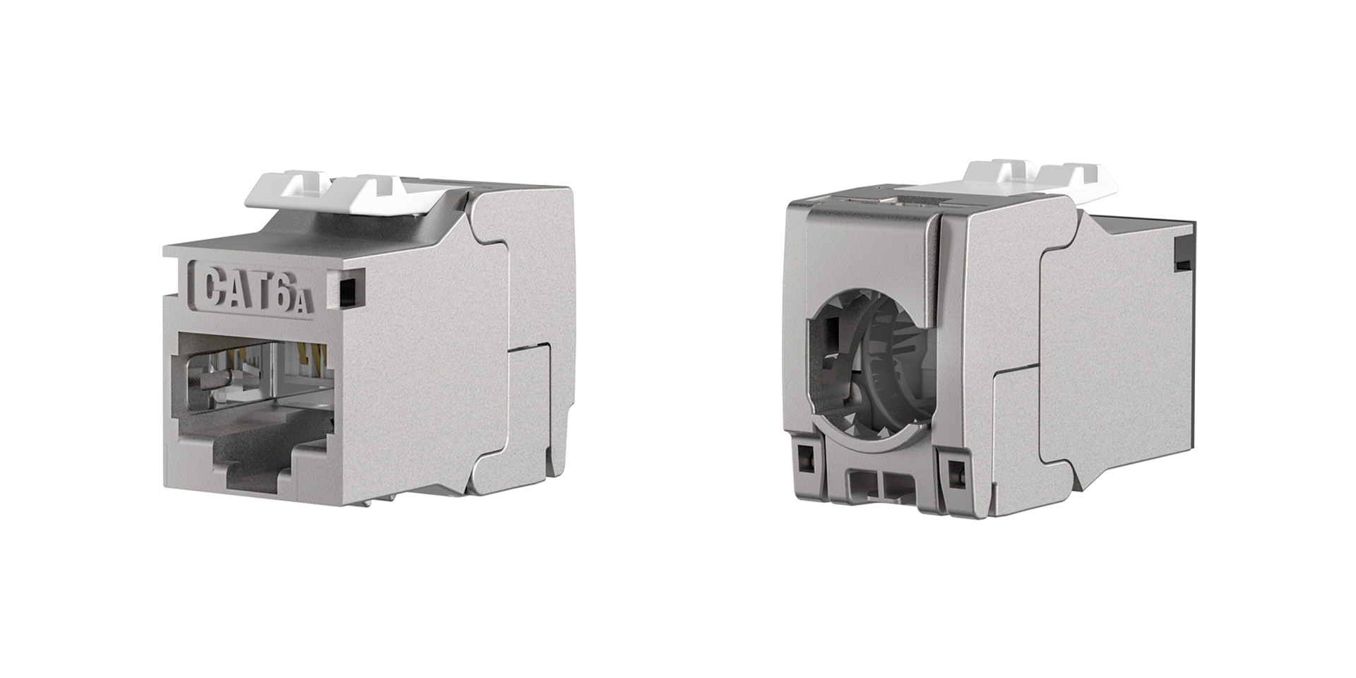 RJ45 Keystone Slimline Shortbody Cat 6A E-20094 front and back view